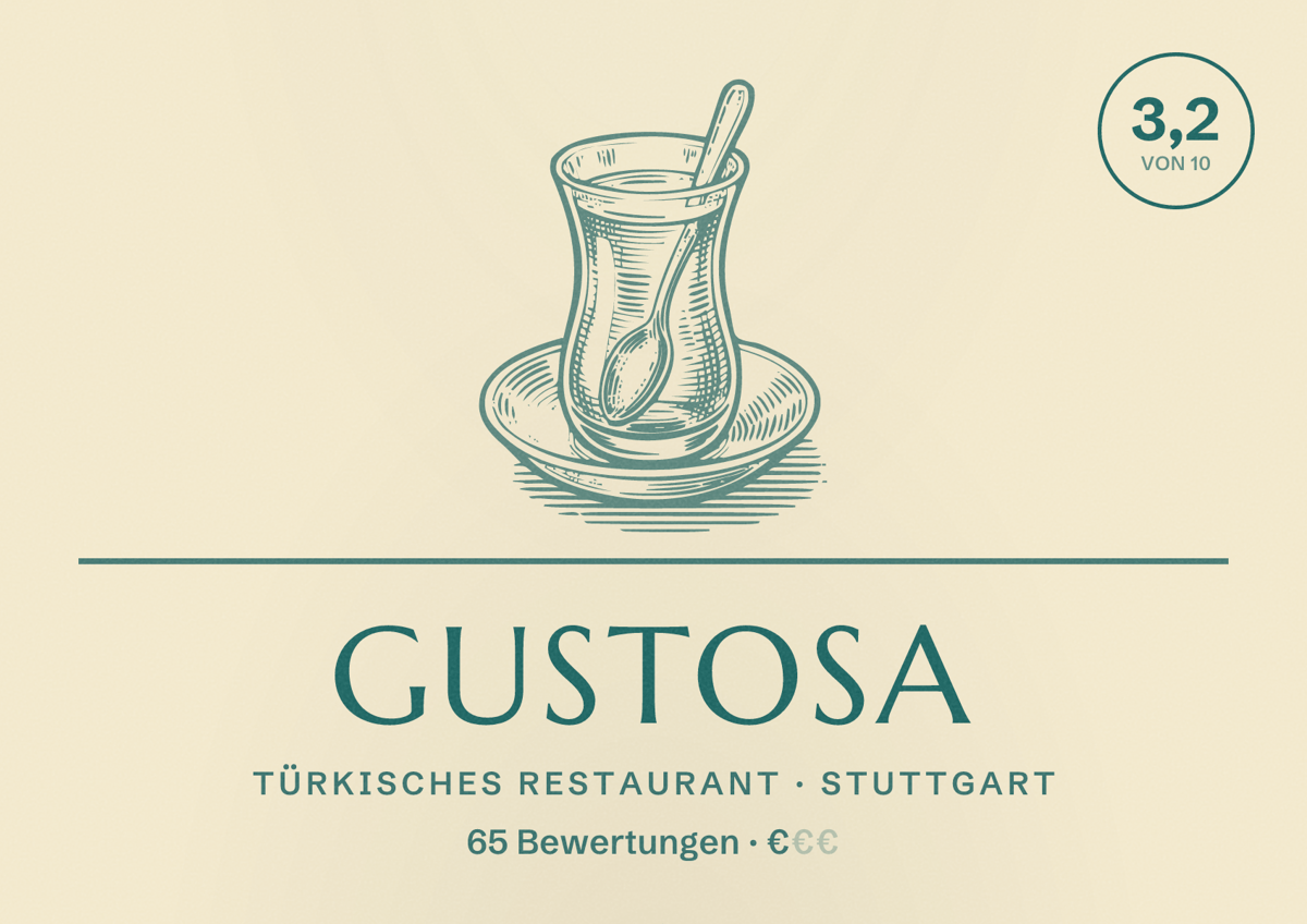 Illustriertes Poster von Gustosa, Türkisches Restaurant in Stuttgart: Bewertung 3,2 von 10 aus 65 Bewertungen, Preisniveau €