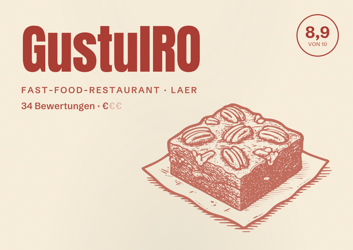 Illustriertes Poster von GustulRO, Fast-Food-Restaurant in Laer: Bewertung 8,9 von 10 aus 34 Bewertungen, Preisniveau €