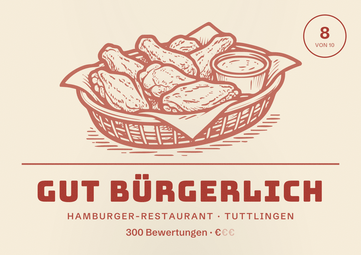 Illustriertes Poster von Gut Bürgerlich, Hamburger-Restaurant in Tuttlingen: Bewertung 8 von 10 aus 300 Bewertungen, Preisniveau €