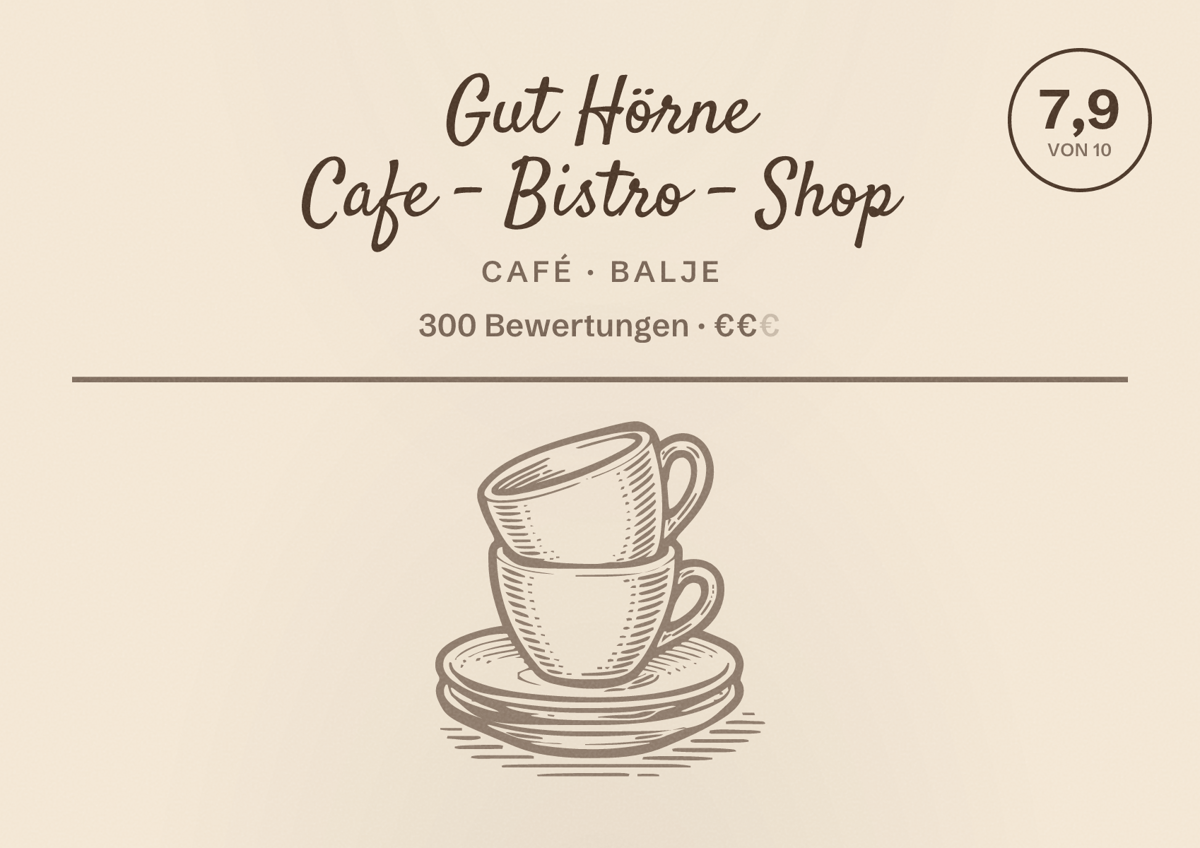 Illustriertes Poster von Gut Hörne Cafe - Bistro - Shop, Café in Balje: Bewertung 7,9 von 10 aus 300 Bewertungen, Preisniveau €€