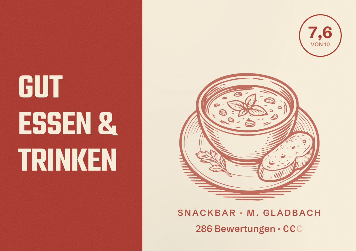 Illustriertes Poster von GUT ESSEN & TRINKEN, Snackbar in M. Gladbach: Bewertung 7,6 von 10 aus 286 Bewertungen, Preisniveau €€
