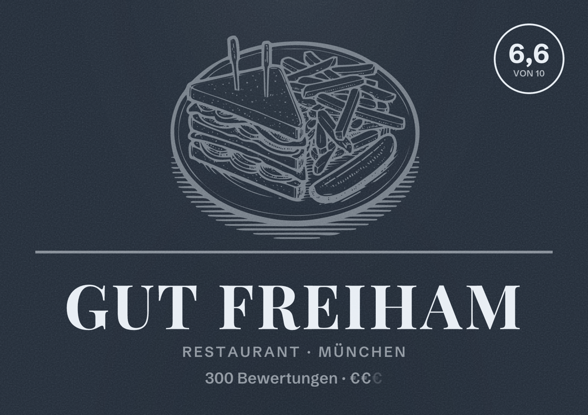 Illustriertes Poster von Gut Freiham, Restaurant in München: Bewertung 6,6 von 10 aus 300 Bewertungen, Preisniveau €€