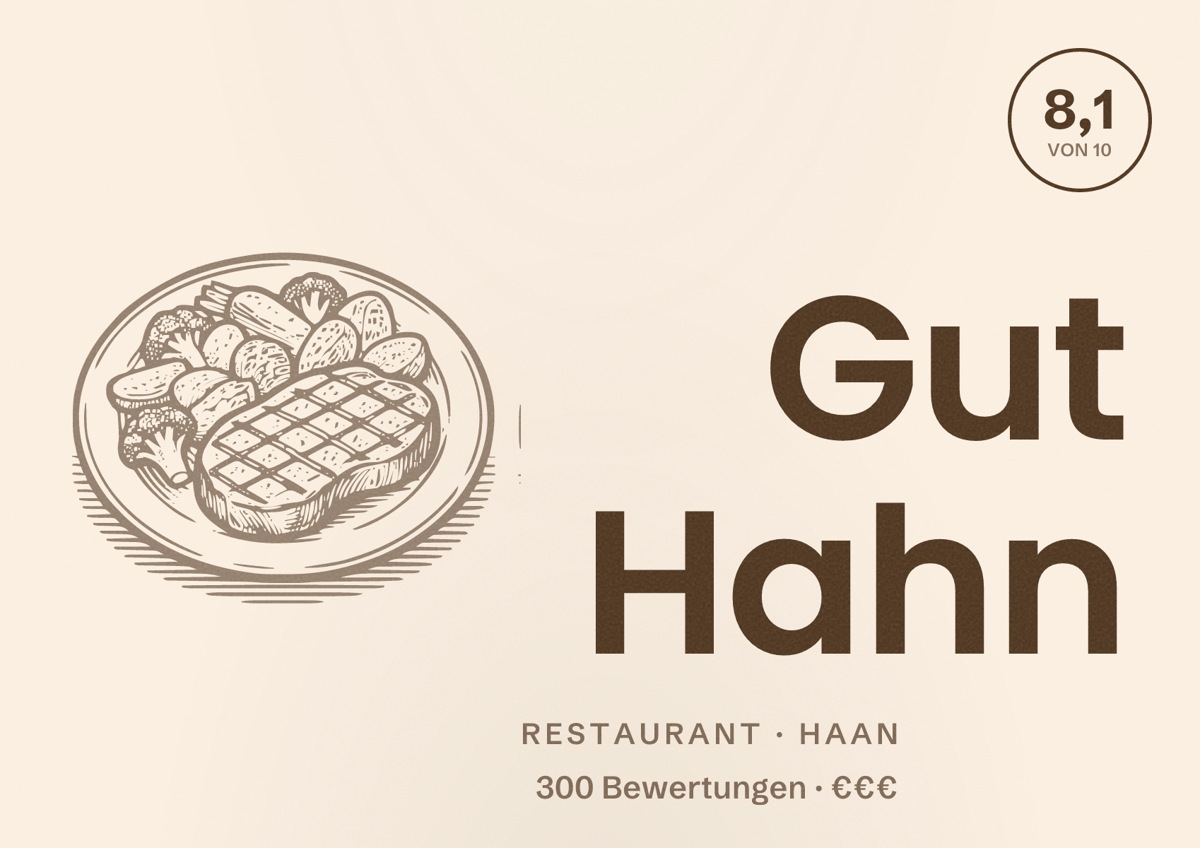 Illustriertes Poster von Gut Hahn, Restaurant in Haan: Bewertung 8,1 von 10 aus 300 Bewertungen, Preisniveau €€€
