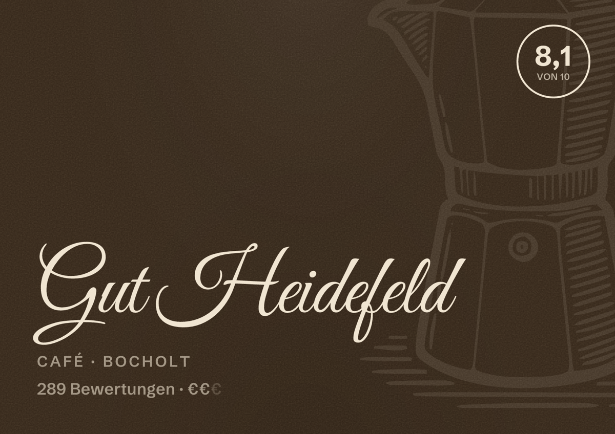 Illustriertes Poster von Gut Heidefeld, Café in Bocholt: Bewertung 8,1 von 10 aus 289 Bewertungen, Preisniveau €€