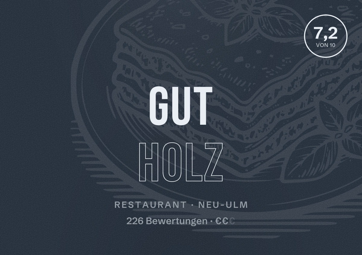 Illustriertes Poster von Gut Holz, Restaurant in Neu-Ulm: Bewertung 7,2 von 10 aus 226 Bewertungen, Preisniveau €€