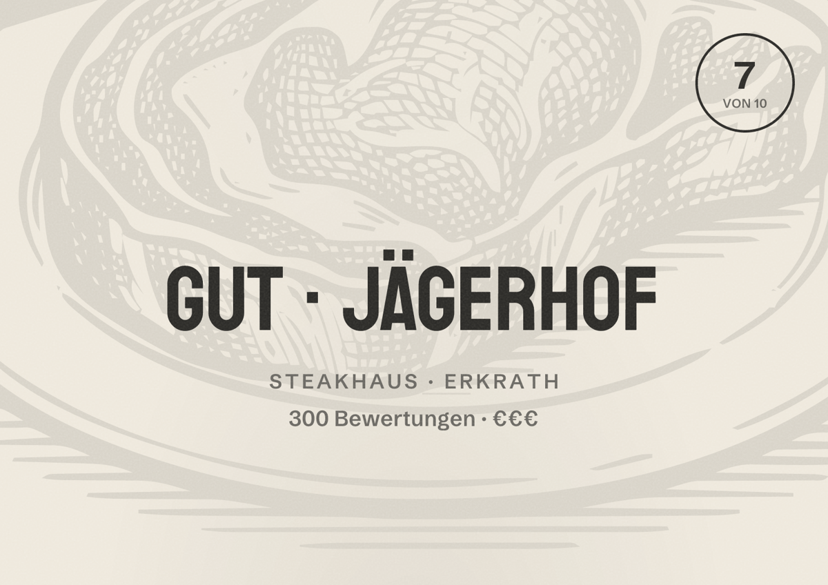 Illustriertes Poster von Gut Jägerhof, Steakhaus in Erkrath: Bewertung 7 von 10 aus 300 Bewertungen, Preisniveau €€€