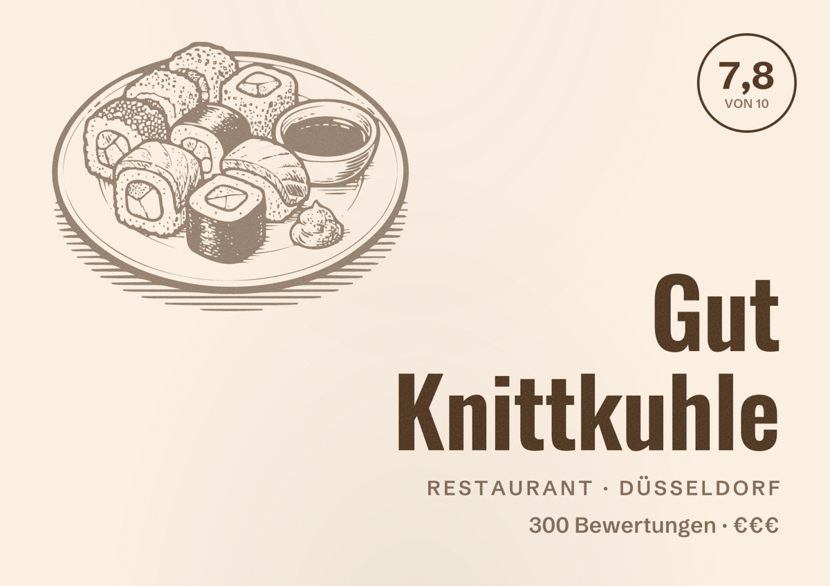 Illustriertes Poster von Gut Knittkuhle, Restaurant in Düsseldorf: Bewertung 7,8 von 10 aus 300 Bewertungen, Preisniveau €€€
