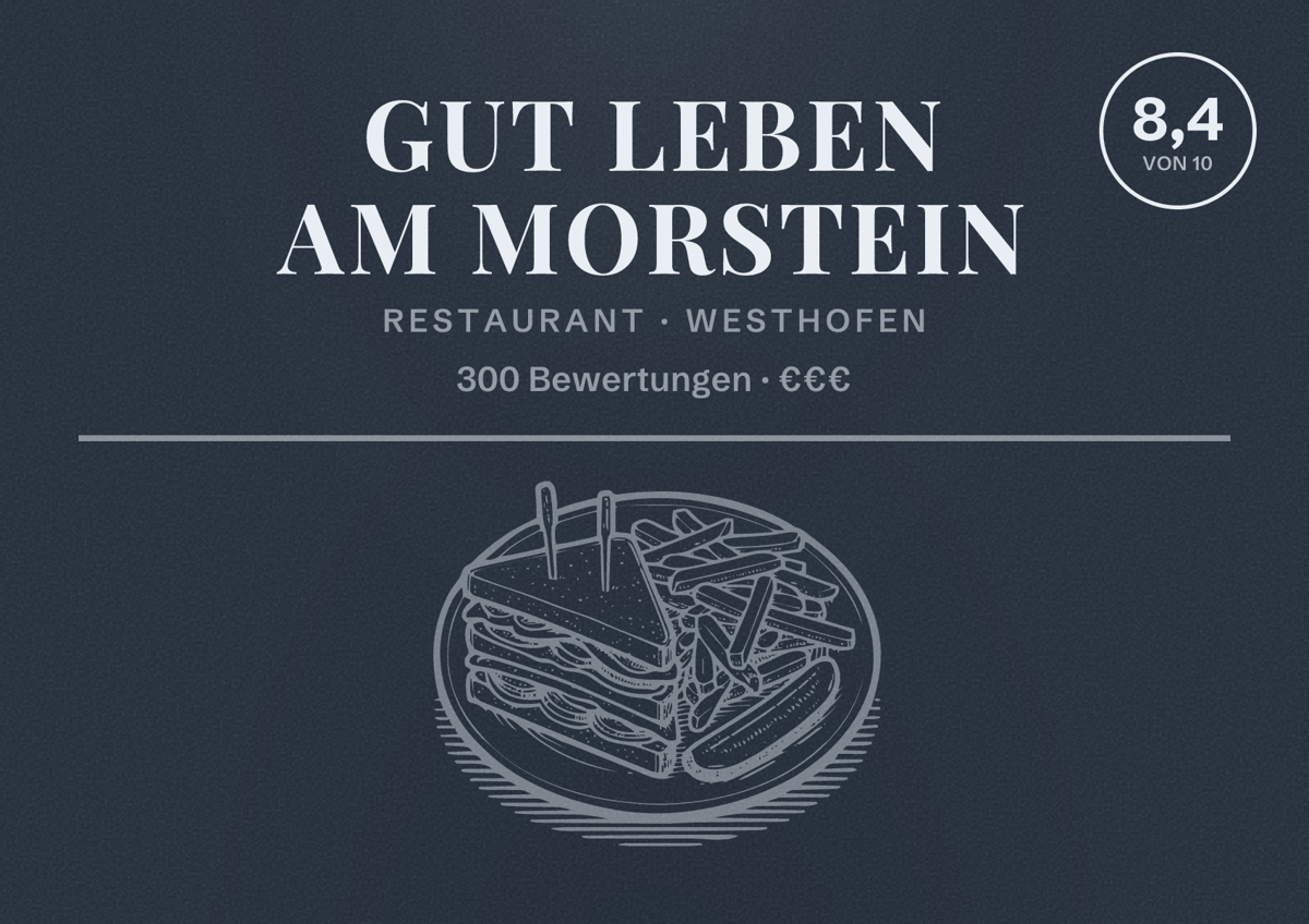 Illustriertes Poster von GUT LEBEN AM MORSTEIN, Restaurant in Westhofen: Bewertung 8,4 von 10 aus 300 Bewertungen, Preisniveau €€€