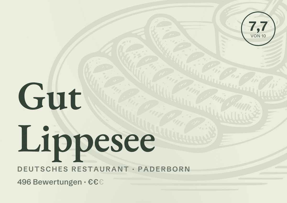 Illustriertes Poster von Gut Lippesee, Deutsches Restaurant in Paderborn: Bewertung 7,7 von 10 aus 496 Bewertungen, Preisniveau €€