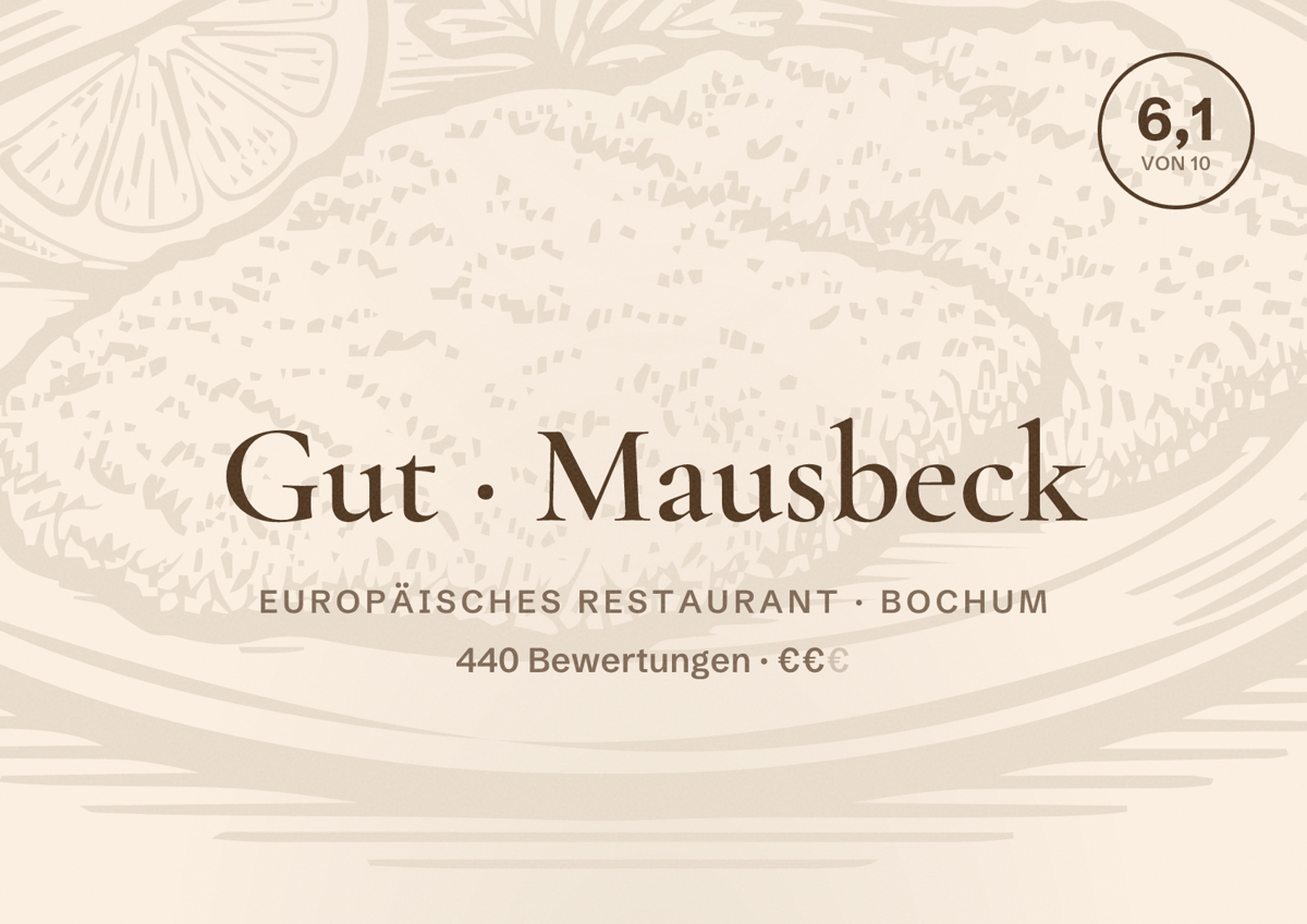 Illustriertes Poster von Gut Mausbeck, Europäisches Restaurant in Bochum: Bewertung 6,1 von 10 aus 440 Bewertungen, Preisniveau €€