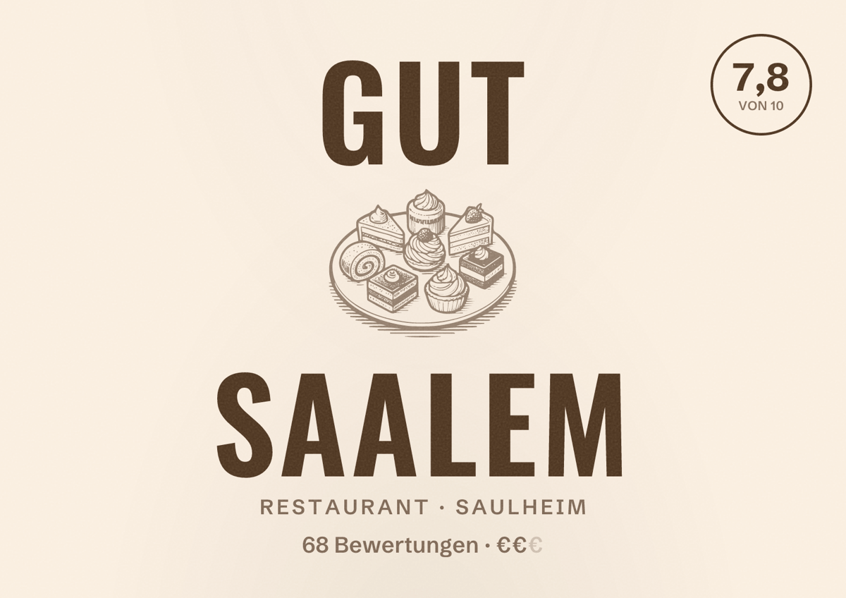 Illustriertes Poster von Gut Saalem, Restaurant in Saulheim: Bewertung 7,8 von 10 aus 68 Bewertungen, Preisniveau €€