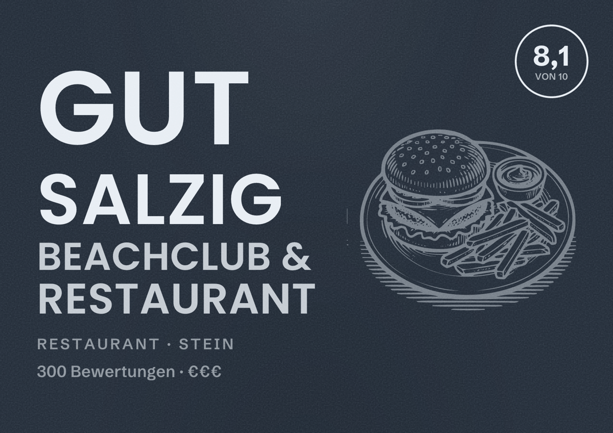 Illustriertes Poster von Gut Salzig Beachclub & Restaurant, Restaurant in Stein: Bewertung 8,1 von 10 aus 300 Bewertungen, Preisniveau €€€