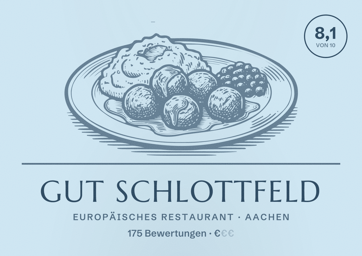 Illustriertes Poster von Gut Schlottfeld, Europäisches Restaurant in Aachen: Bewertung 8,1 von 10 aus 175 Bewertungen, Preisniveau €