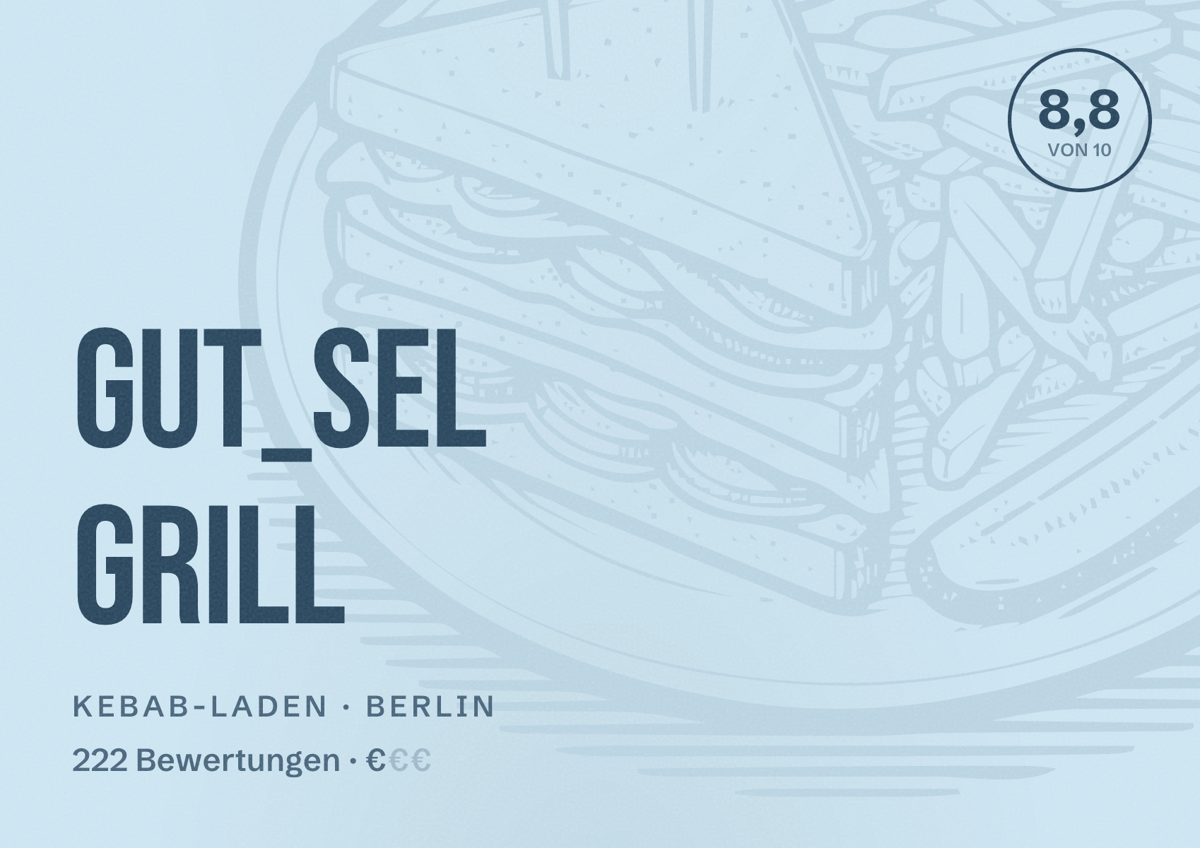 Illustriertes Poster von Gut_Sel Grill, Kebab-Laden in Berlin: Bewertung 8,8 von 10 aus 222 Bewertungen, Preisniveau €