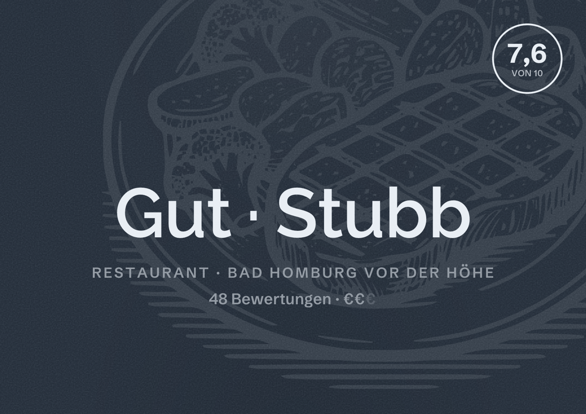 Illustriertes Poster von Gut Stubb, Restaurant in Bad Homburg vor der Höhe: Bewertung 7,6 von 10 aus 48 Bewertungen, Preisniveau €€