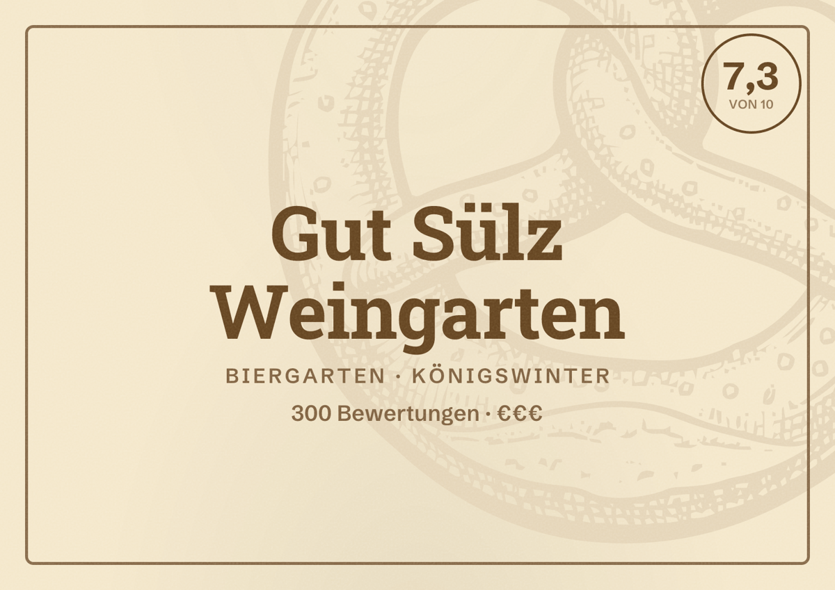 Illustriertes Poster von Gut Sülz Weingarten, Biergarten in Königswinter: Bewertung 7,3 von 10 aus 300 Bewertungen, Preisniveau €€€