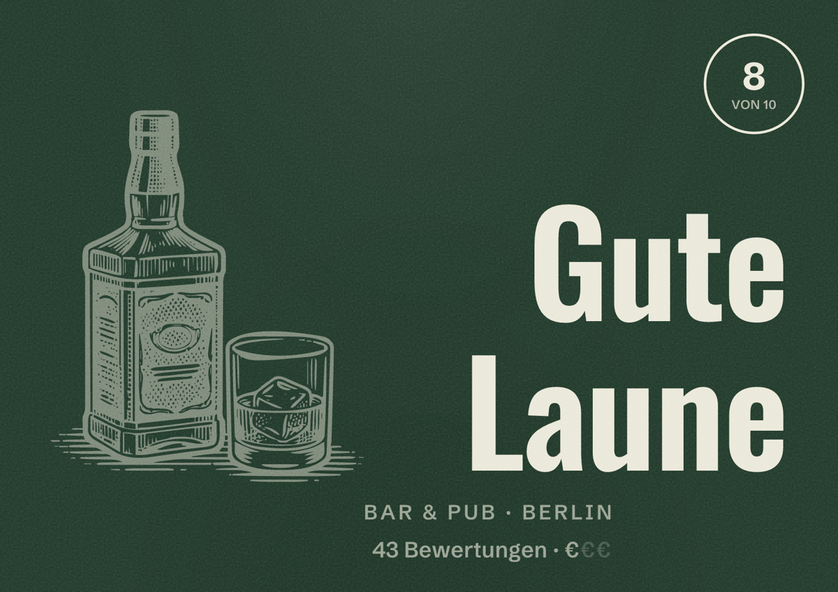 Illustriertes Poster von Gute Laune, Bar & Pub in Berlin: Bewertung 8 von 10 aus 43 Bewertungen, Preisniveau €