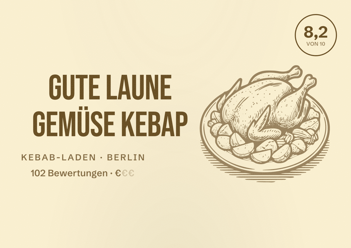 Illustriertes Poster von Gute Laune Gemüse Kebap, Kebab-Laden in Berlin: Bewertung 8,2 von 10 aus 102 Bewertungen, Preisniveau €