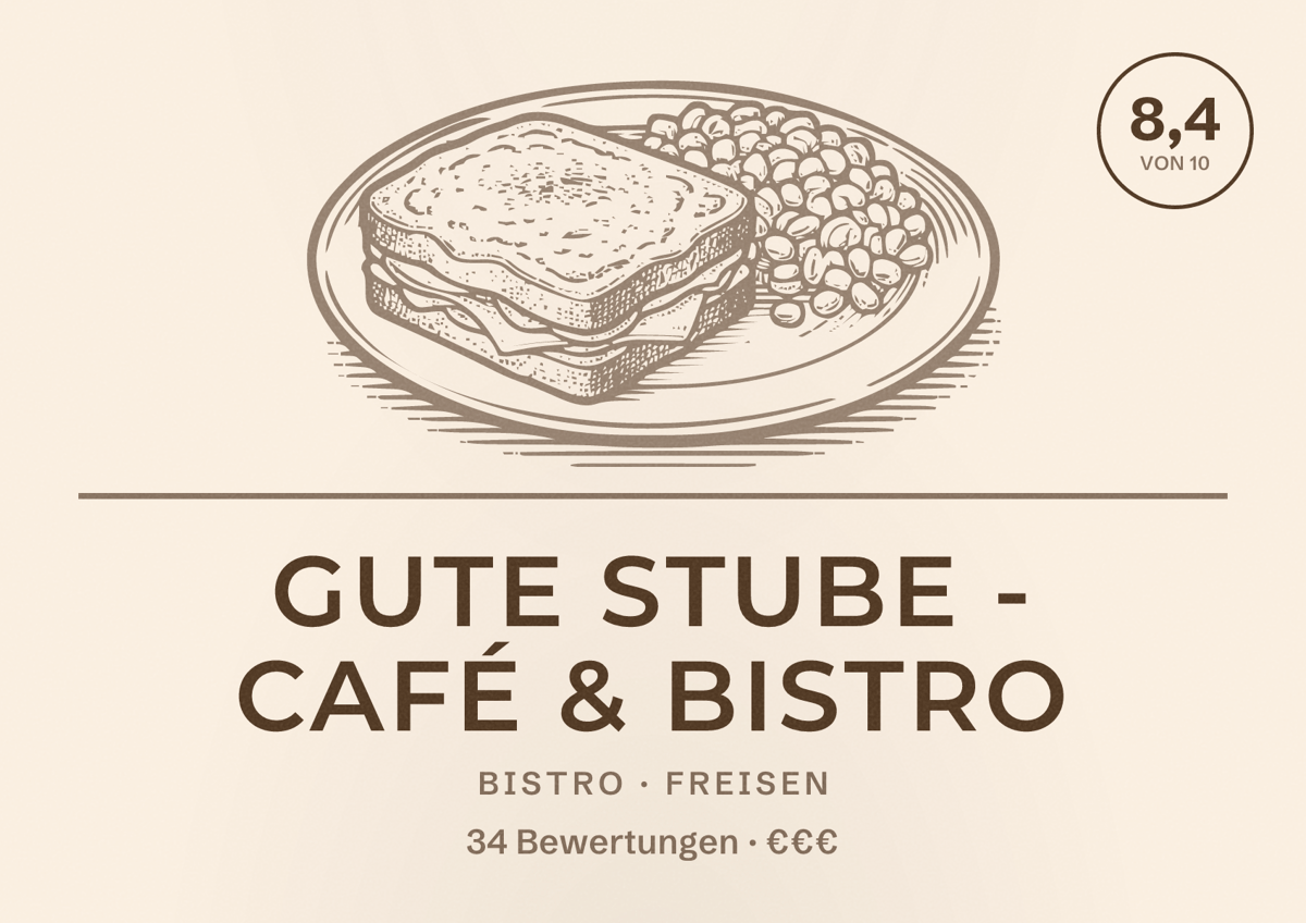 Illustriertes Poster von Gute Stube - Café & Bistro, Bistro in Freisen: Bewertung 8,4 von 10 aus 34 Bewertungen, Preisniveau €€€