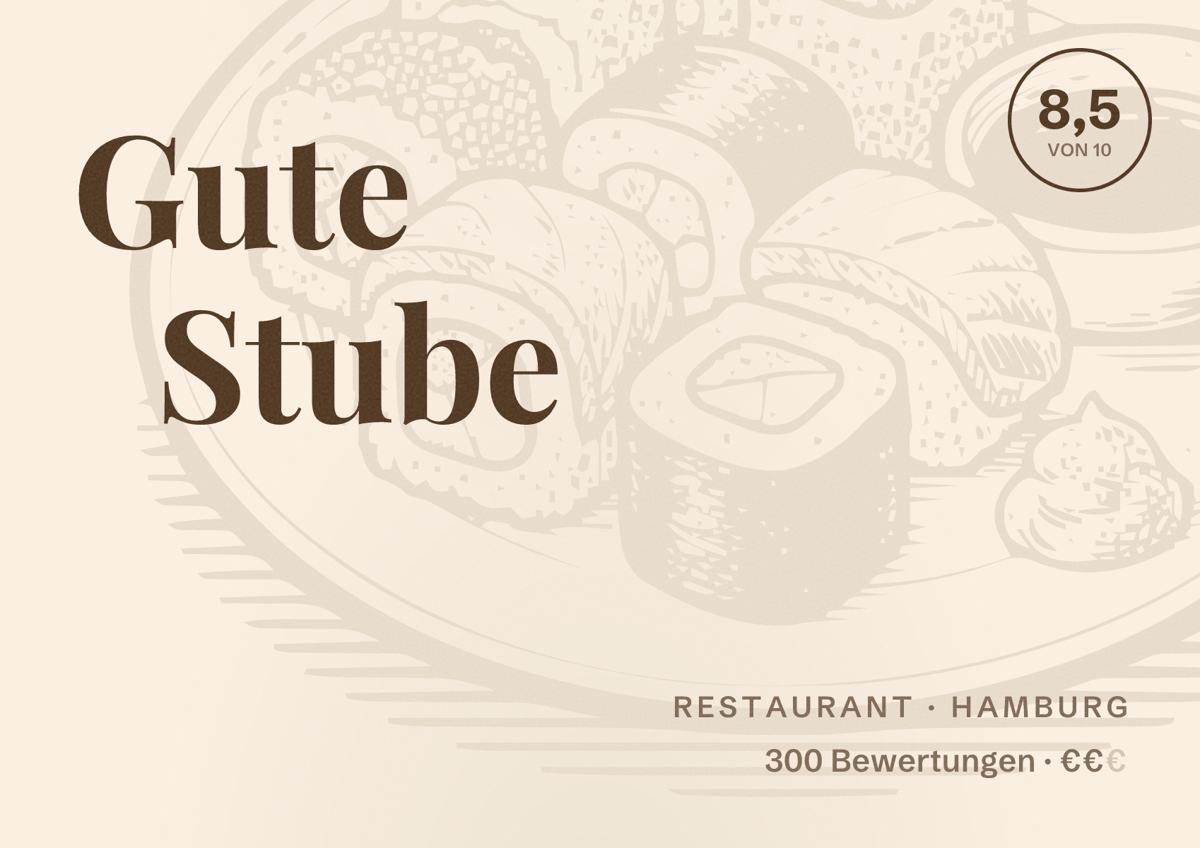 Illustriertes Poster von Gute Stube, Restaurant in Hamburg: Bewertung 8,5 von 10 aus 300 Bewertungen, Preisniveau €€