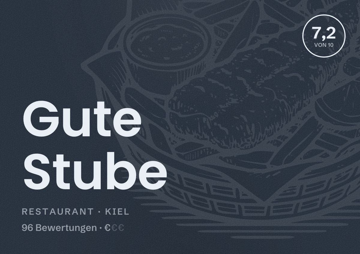 Illustriertes Poster von Gute Stube, Restaurant in Kiel: Bewertung 7,2 von 10 aus 96 Bewertungen, Preisniveau €