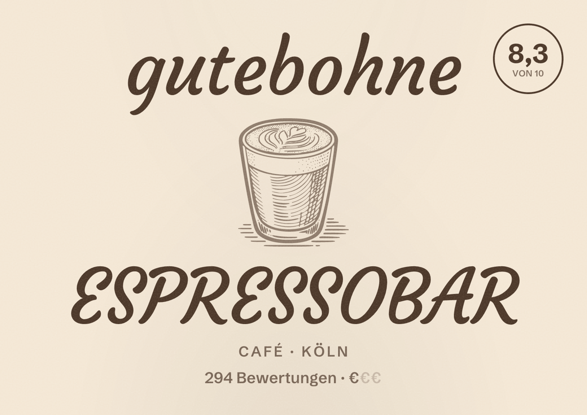 Illustriertes Poster von gutebohne ESPRESSOBAR, Café in Köln: Bewertung 8,3 von 10 aus 294 Bewertungen, Preisniveau €