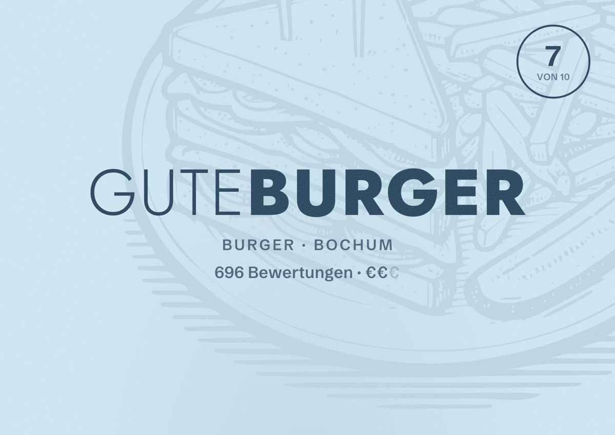 Illustriertes Poster von GUTEBURGER, Burger in Bochum: Bewertung 7 von 10 aus 696 Bewertungen, Preisniveau €€