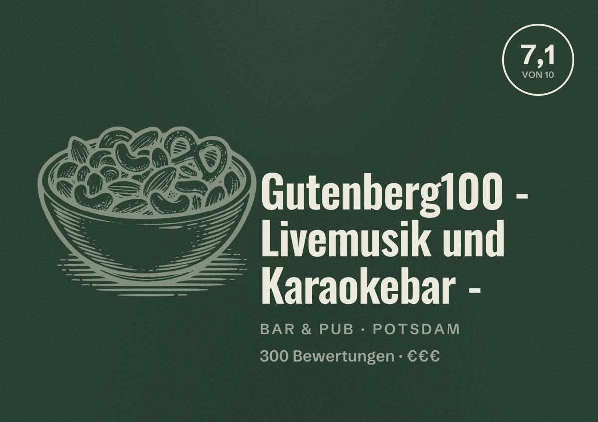 Illustriertes Poster von Gutenberg100 - Livemusik und Karaokebar -, Bar & Pub in Potsdam: Bewertung 7,1 von 10 aus 300 Bewertungen, Preisniveau €€€