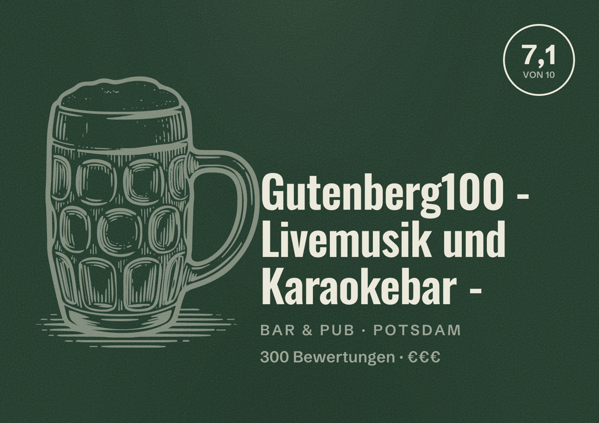 Illustriertes Poster von Gutenberg100 - Livemusik und Karaokebar -, Bar & Pub in Potsdam: Bewertung 7,1 von 10 aus 300 Bewertungen, Preisniveau €€€