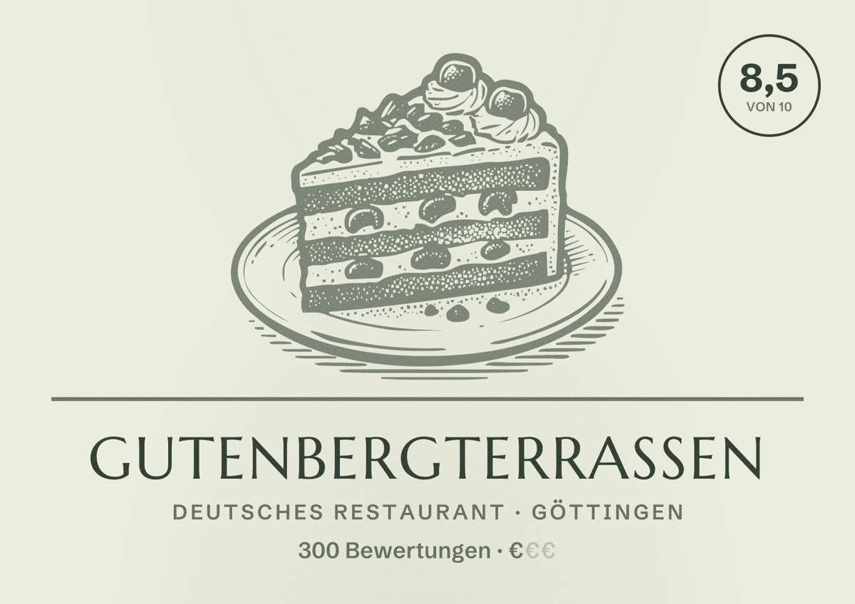 Illustriertes Poster von Gutenbergterrassen, Deutsches Restaurant in Göttingen: Bewertung 8,5 von 10 aus 300 Bewertungen, Preisniveau €