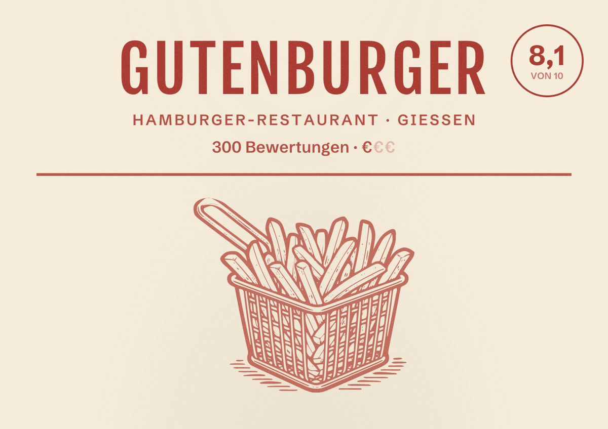 Illustriertes Poster von Gutenburger, Hamburger-Restaurant in Gießen: Bewertung 8,1 von 10 aus 300 Bewertungen, Preisniveau €