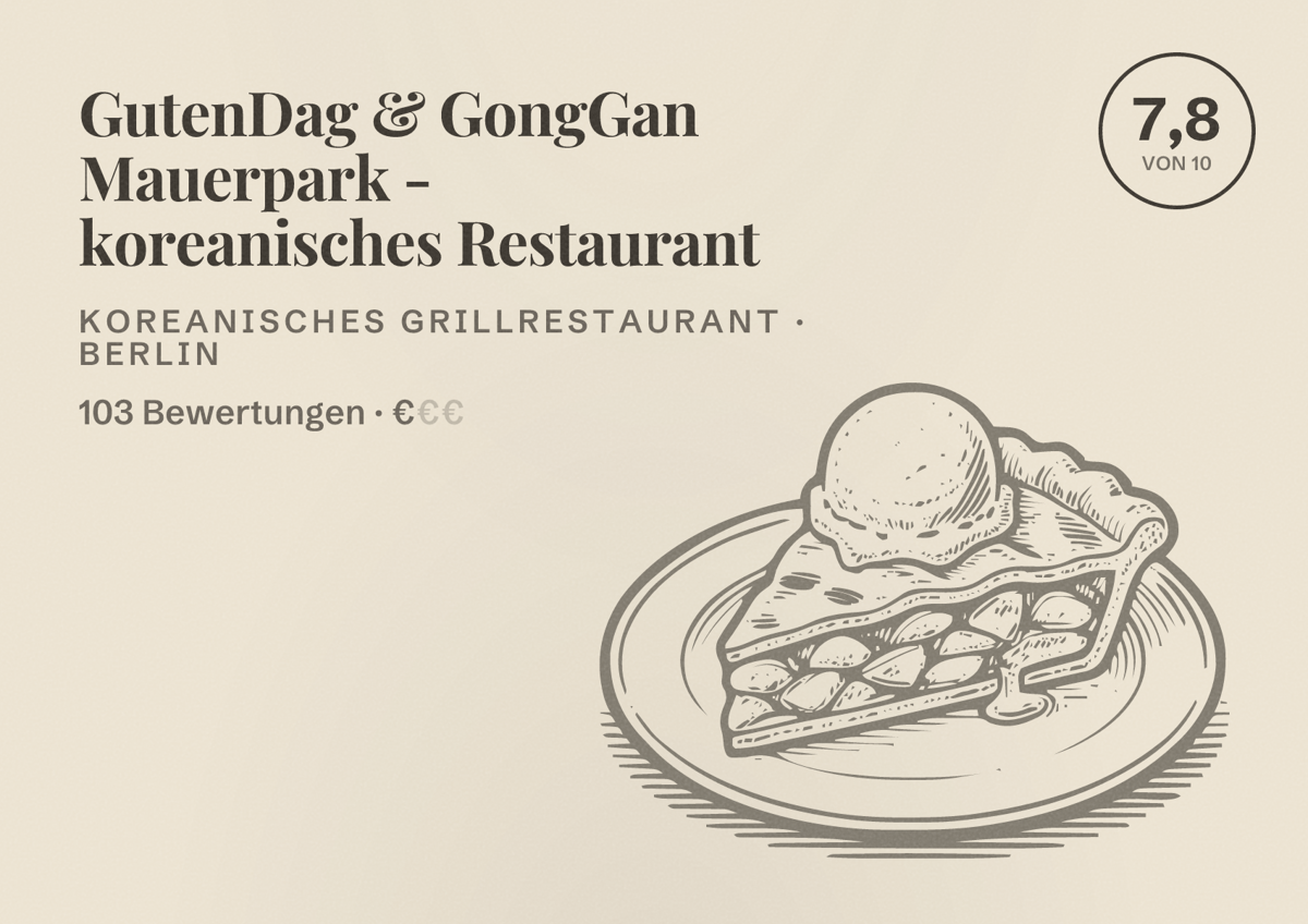 Illustriertes Poster von GutenDag & GongGan Mauerpark - koreanisches Restaurant, Koreanisches Grillrestaurant in Berlin: Bewertung 7,8 von 10 aus 103 Bewertungen, Preisniveau €