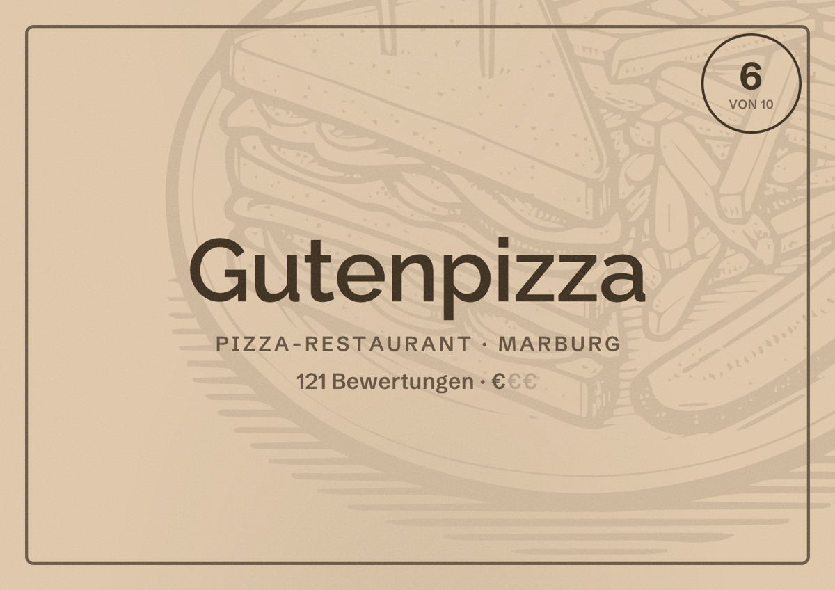 Illustriertes Poster von Gutenpizza, Pizza-Restaurant in Marburg: Bewertung 6 von 10 aus 121 Bewertungen, Preisniveau €