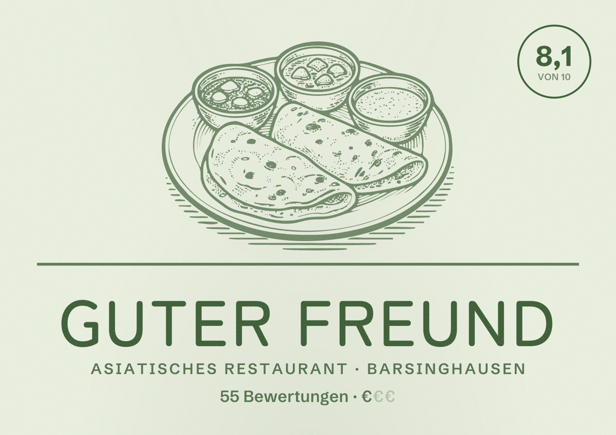 Illustriertes Poster von Guter Freund, Asiatisches Restaurant in Barsinghausen: Bewertung 8,1 von 10 aus 55 Bewertungen, Preisniveau €