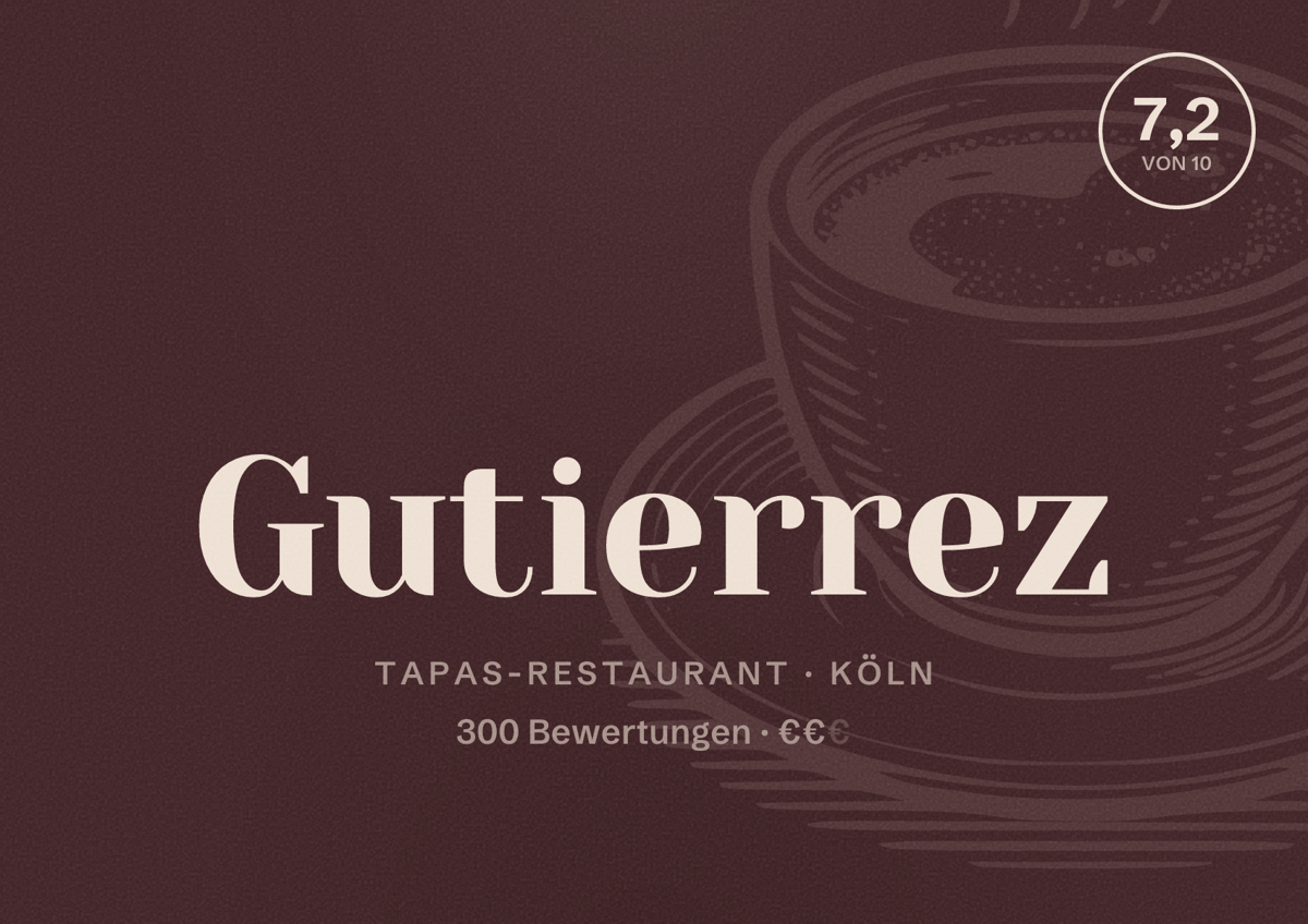 Illustriertes Poster von Gutierrez, Tapas-Restaurant in Köln: Bewertung 7,2 von 10 aus 300 Bewertungen, Preisniveau €€