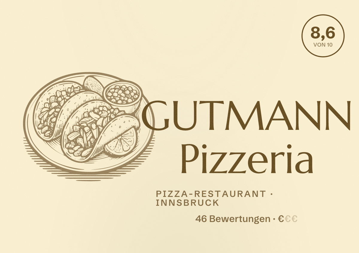 Illustriertes Poster von GUTMANN Pizzeria, Pizza-Restaurant in Innsbruck: Bewertung 8,6 von 10 aus 46 Bewertungen, Preisniveau €