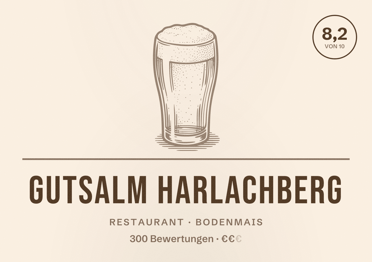 Illustriertes Poster von GutsAlm Harlachberg, Restaurant in Bodenmais: Bewertung 8,2 von 10 aus 300 Bewertungen, Preisniveau €€