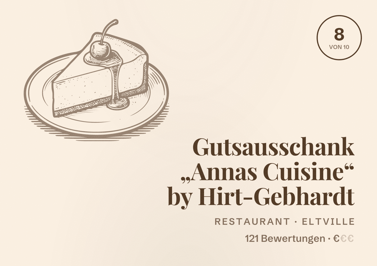 Illustriertes Poster von Gutsausschank „Annas Cuisine“ by Hirt-Gebhardt, Restaurant in Eltville: Bewertung 8 von 10 aus 121 Bewertungen, Preisniveau €