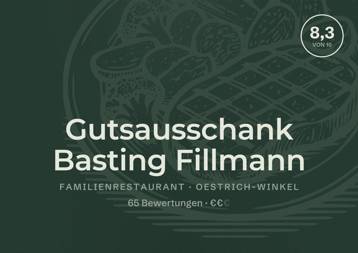 Illustriertes Poster von Gutsausschank Basting Fillmann, Familienrestaurant in Oestrich-Winkel: Bewertung 8,3 von 10 aus 65 Bewertungen, Preisniveau €€