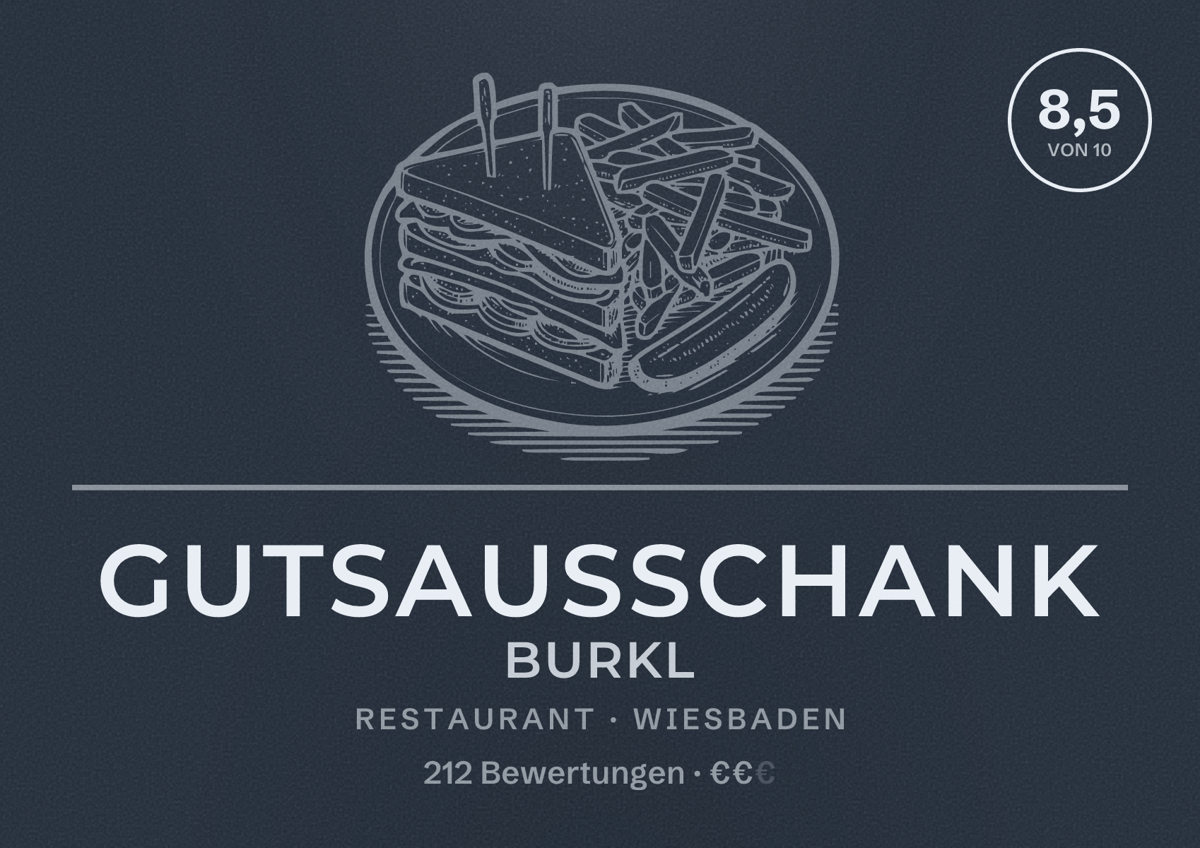 Illustriertes Poster von Gutsausschank Burkl, Restaurant in Wiesbaden: Bewertung 8,5 von 10 aus 212 Bewertungen, Preisniveau €€