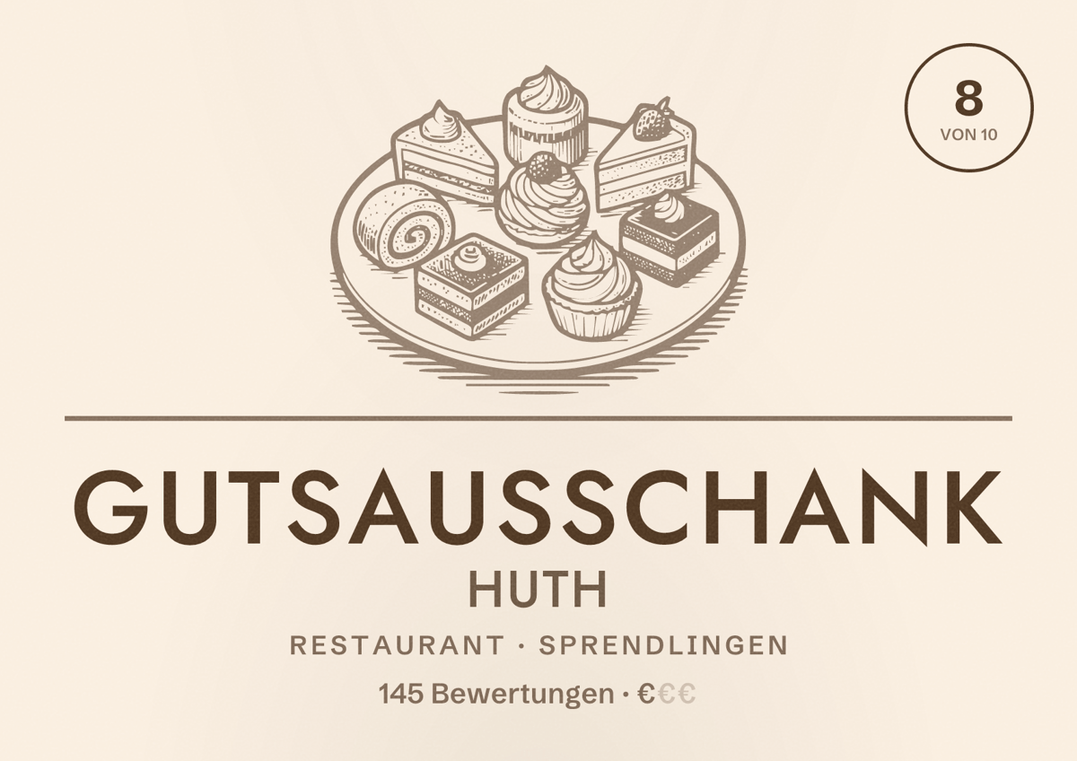 Illustriertes Poster von Gutsausschank Huth, Restaurant in Sprendlingen: Bewertung 8 von 10 aus 145 Bewertungen, Preisniveau €