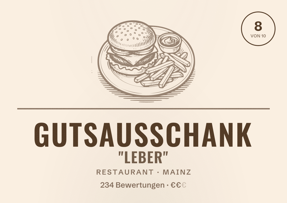Illustriertes Poster von Gutsausschank "Leber", Restaurant in Mainz: Bewertung 8 von 10 aus 234 Bewertungen, Preisniveau €€