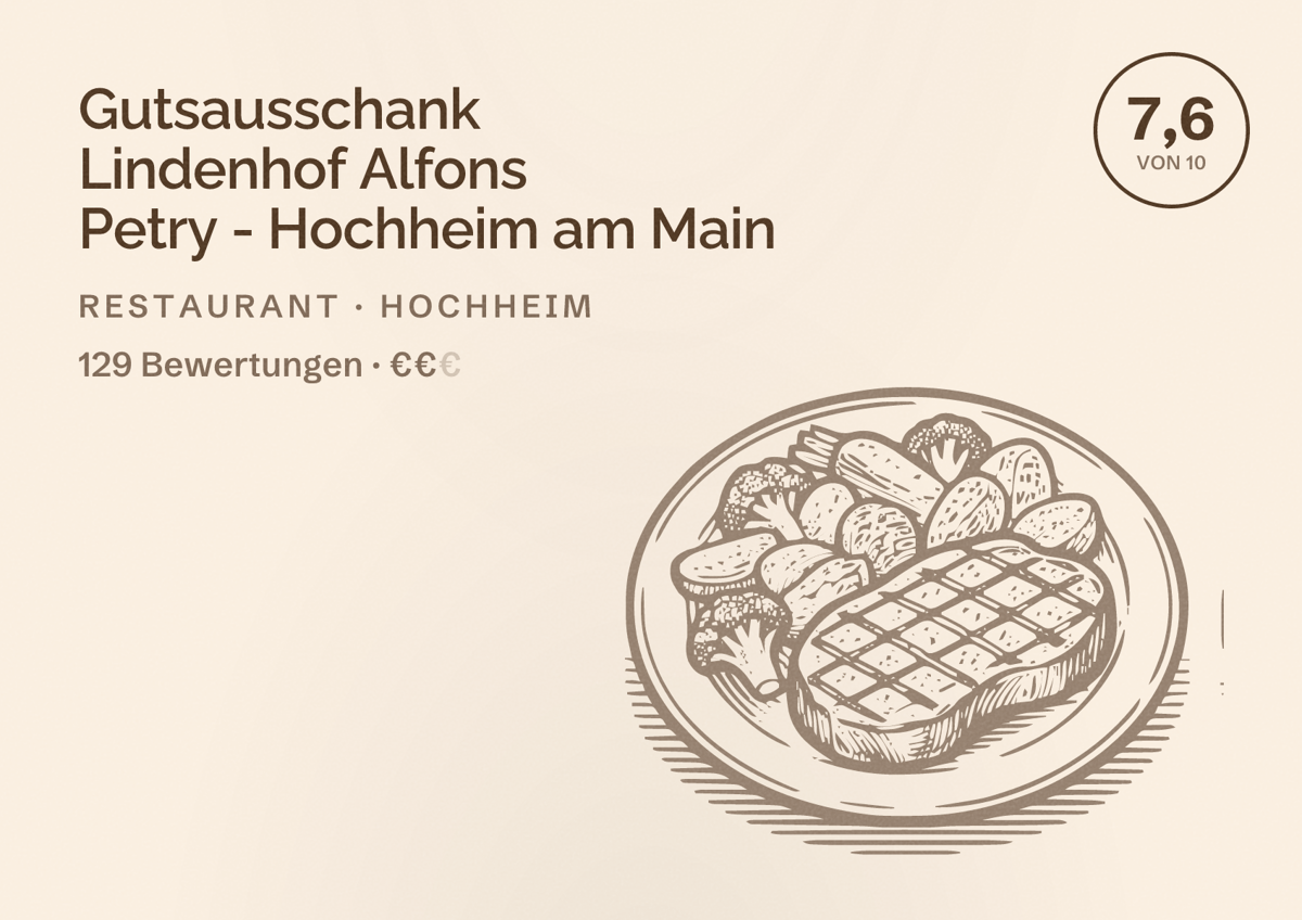 Illustriertes Poster von Gutsausschank Lindenhof Alfons Petry - Hochheim am Main, Restaurant in Hochheim: Bewertung 7,6 von 10 aus 129 Bewertungen, Preisniveau €€
