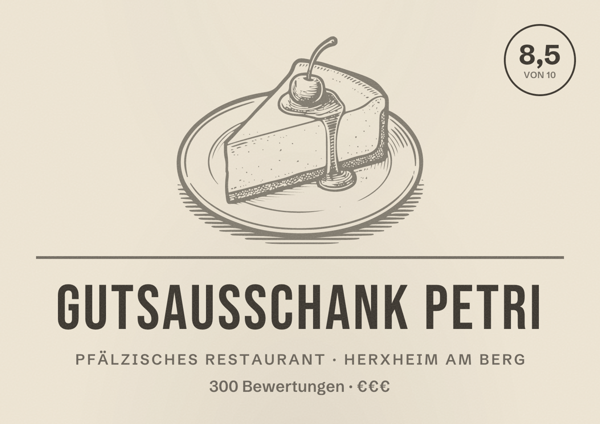 Illustriertes Poster von Gutsausschank Petri, Pfälzisches Restaurant in Herxheim am Berg: Bewertung 8,5 von 10 aus 300 Bewertungen, Preisniveau €€€