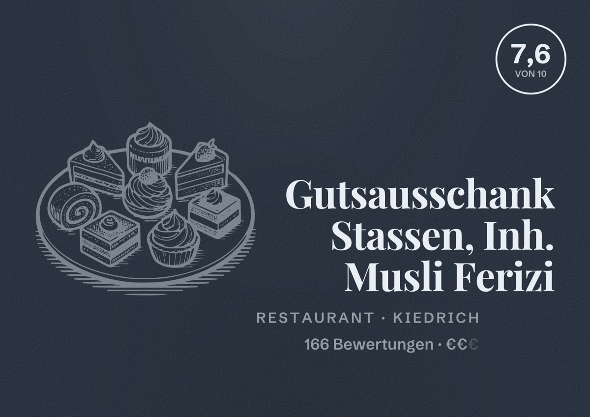 Illustriertes Poster von Gutsausschank Stassen, Inh. Musli Ferizi, Restaurant in Kiedrich: Bewertung 7,6 von 10 aus 166 Bewertungen, Preisniveau €€