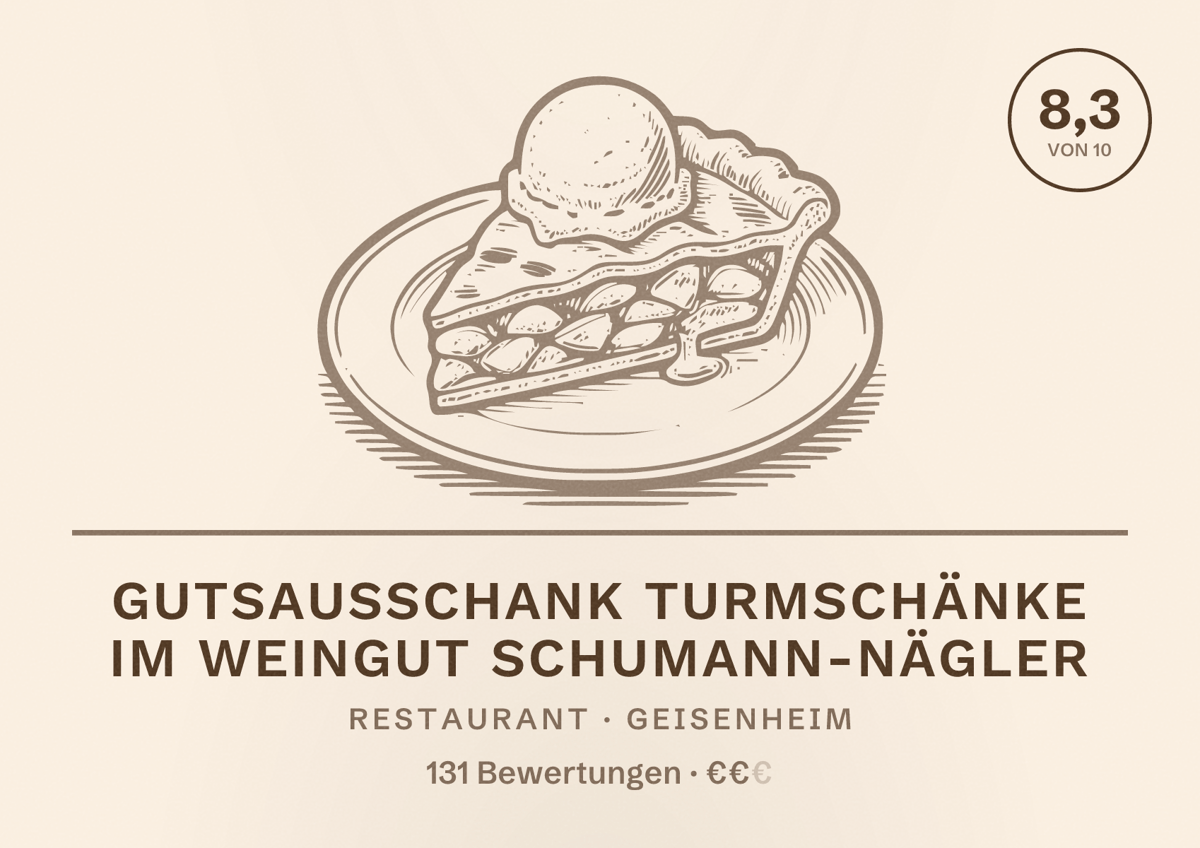 Illustriertes Poster von Gutsausschank Turmschänke im Weingut Schumann-Nägler, Restaurant in Geisenheim: Bewertung 8,3 von 10 aus 131 Bewertungen, Preisniveau €€