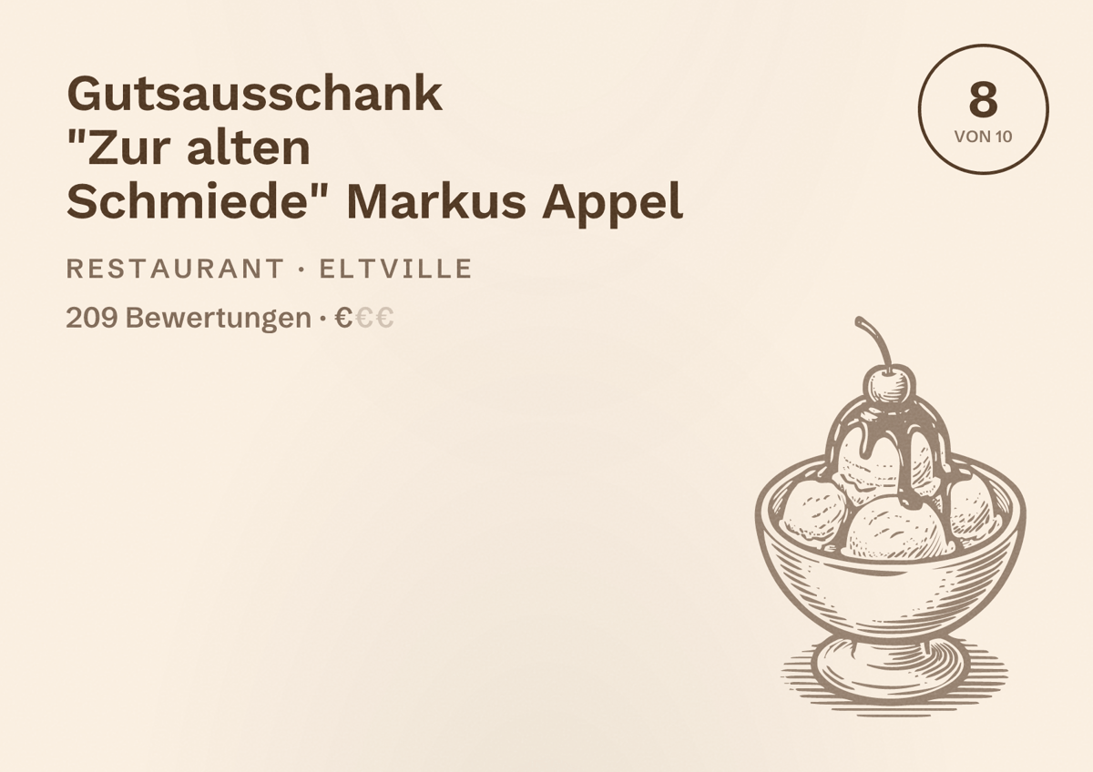 Illustriertes Poster von Gutsausschank "Zur alten Schmiede" Markus Appel, Restaurant in Eltville: Bewertung 8 von 10 aus 209 Bewertungen, Preisniveau €