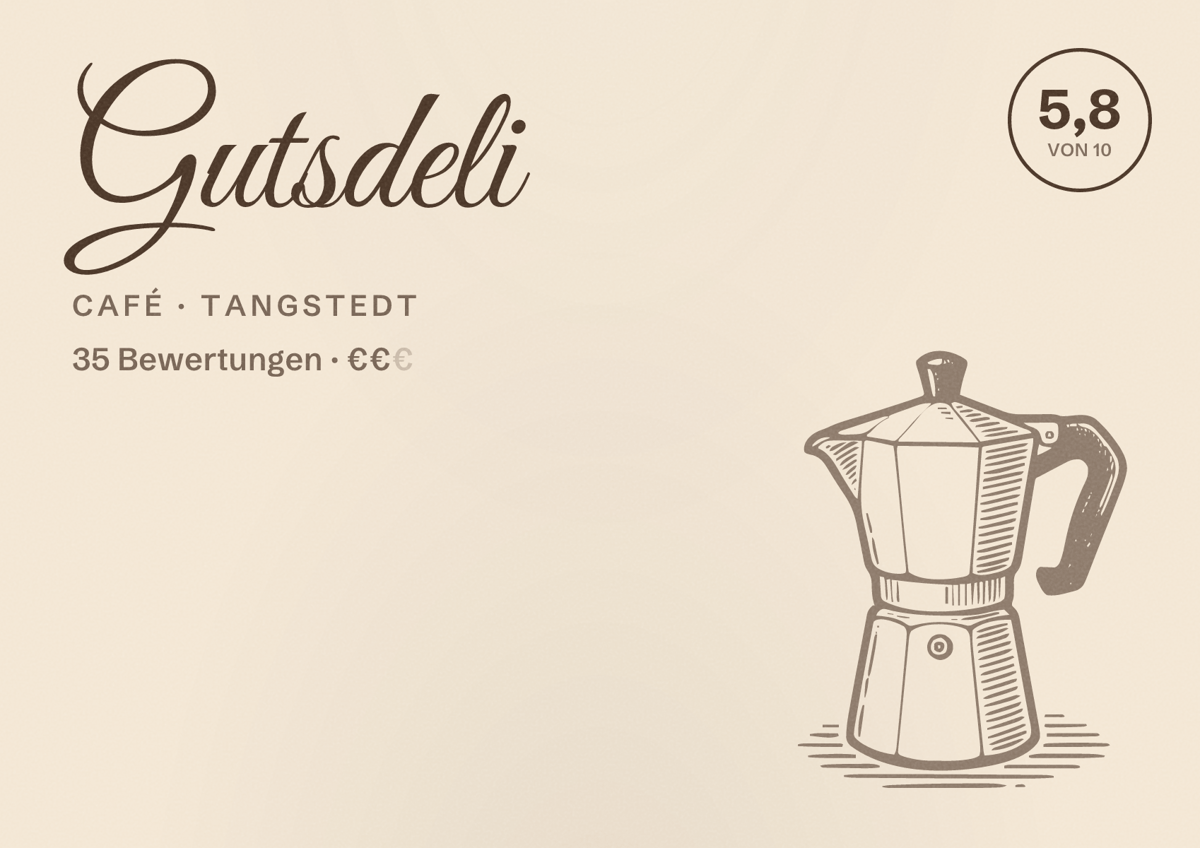 Illustriertes Poster von Gutsdeli, Café in Tangstedt: Bewertung 5,8 von 10 aus 35 Bewertungen, Preisniveau €€