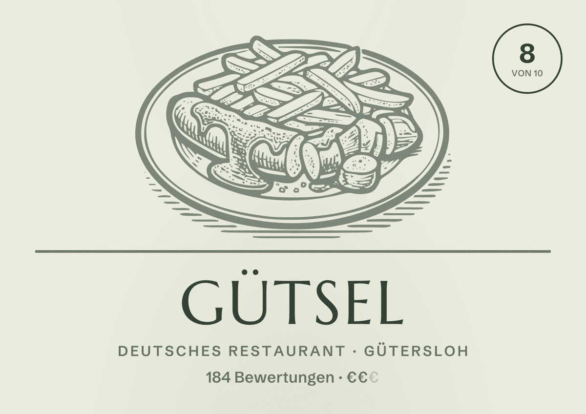 Illustriertes Poster von GüTsel, Deutsches Restaurant in Gütersloh: Bewertung 8 von 10 aus 184 Bewertungen, Preisniveau €€