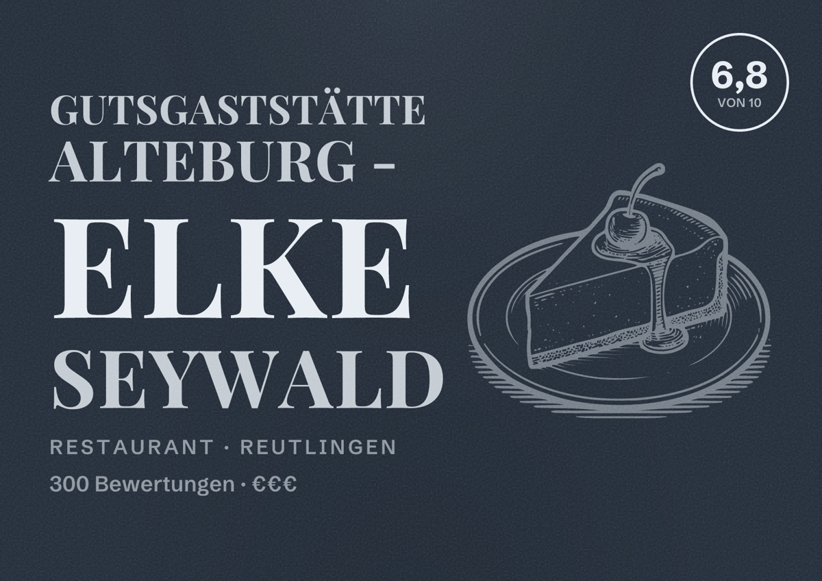 Illustriertes Poster von Gutsgaststätte Alteburg - Elke Seywald, Restaurant in Reutlingen: Bewertung 6,8 von 10 aus 300 Bewertungen, Preisniveau €€€